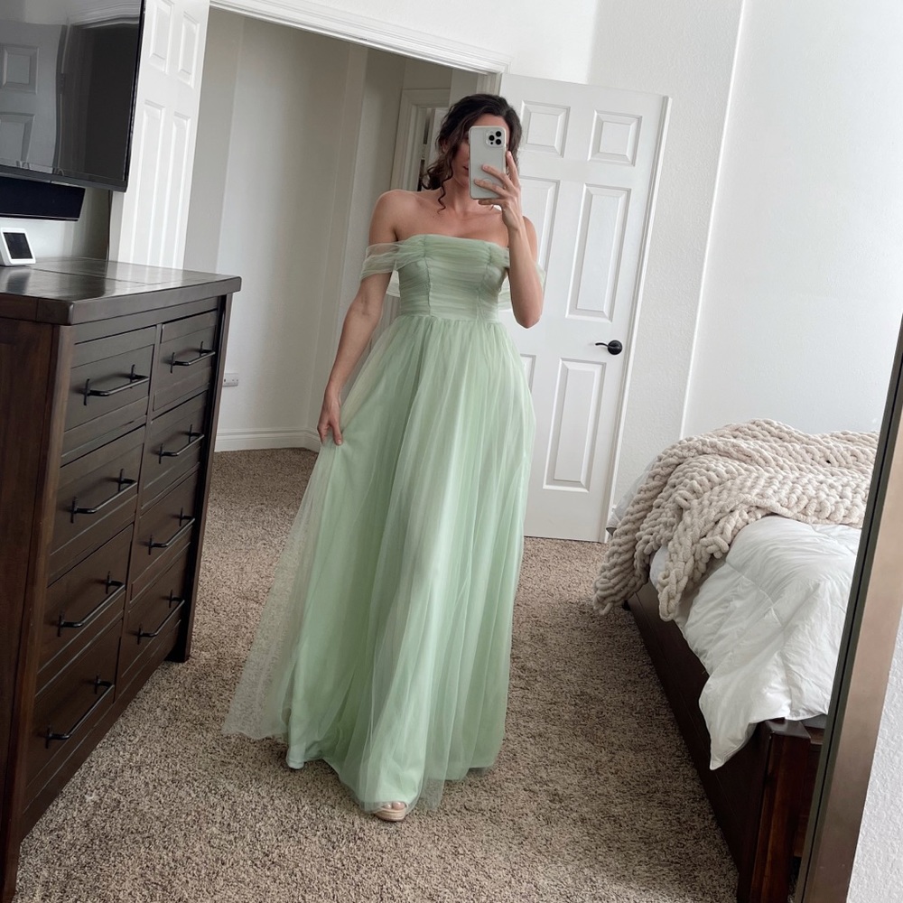 Mint Off the Shoulder Tulle Bridesmaid Dress